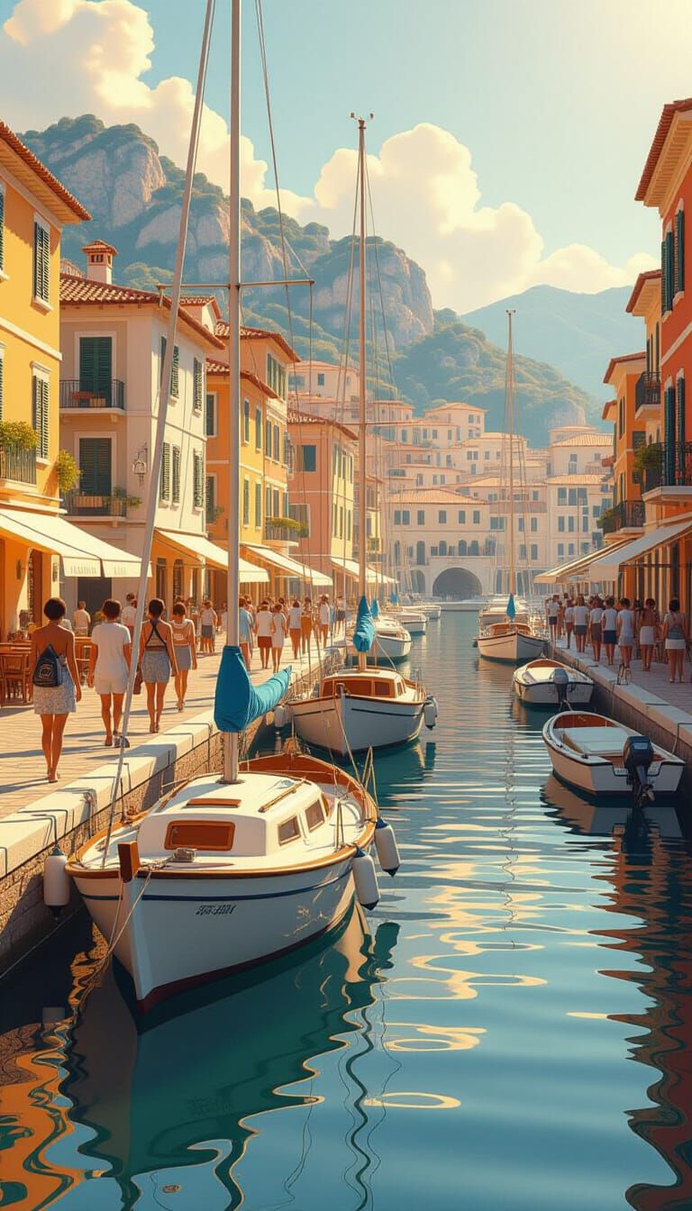 Sailboats in Vibrant Italian Harbor, 3D Anime Style