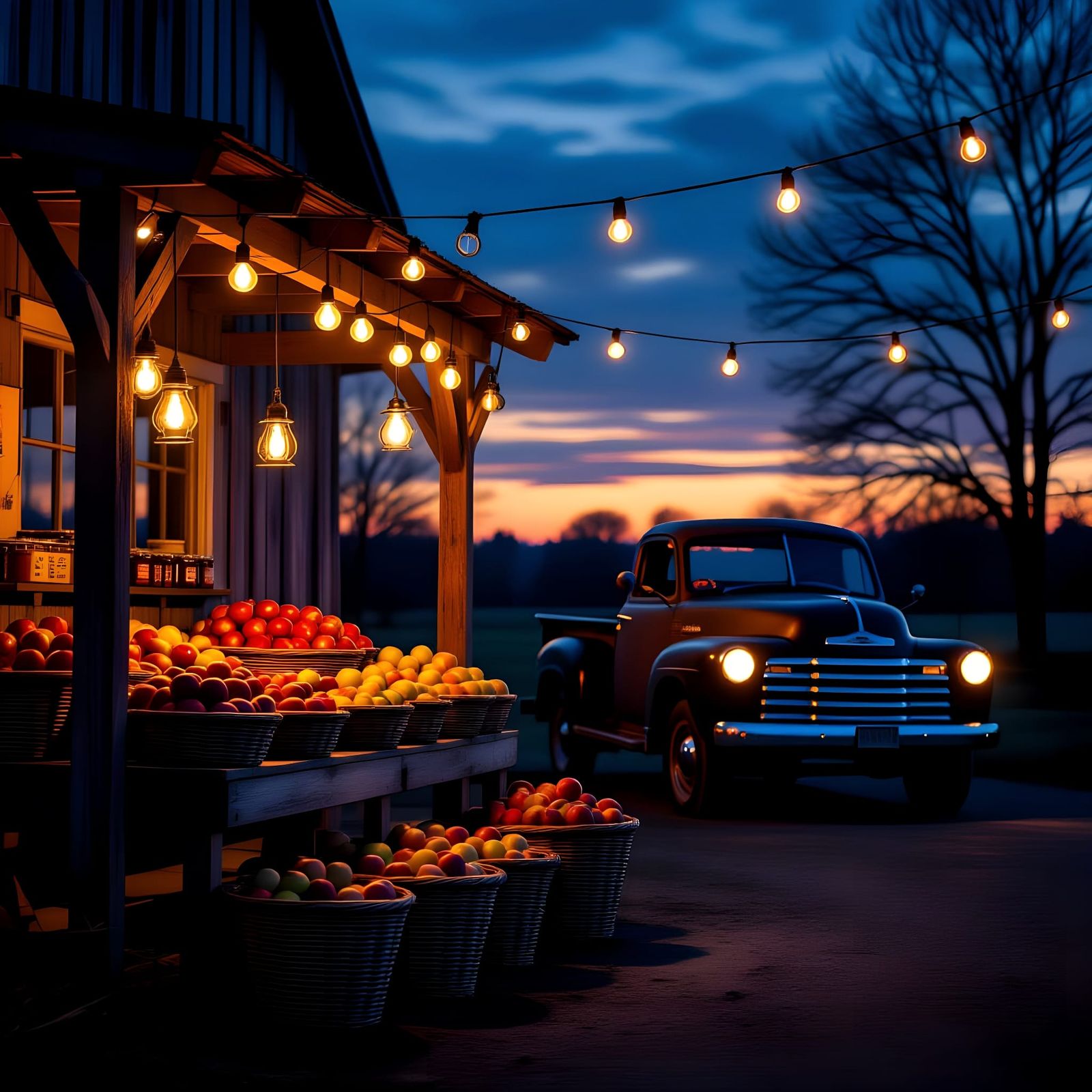 Rustic Farmstand at Dusk in Cinematic Style