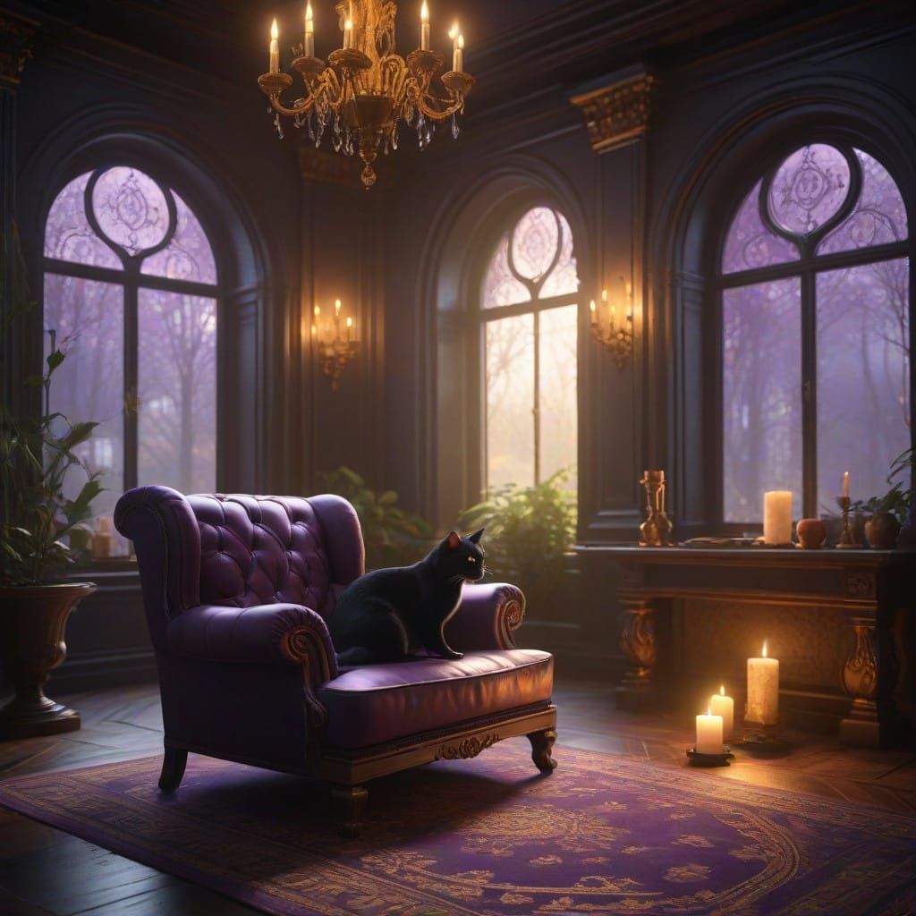 Majestic Fireplace in a Grand Hall Scene with Girl and Sleep...