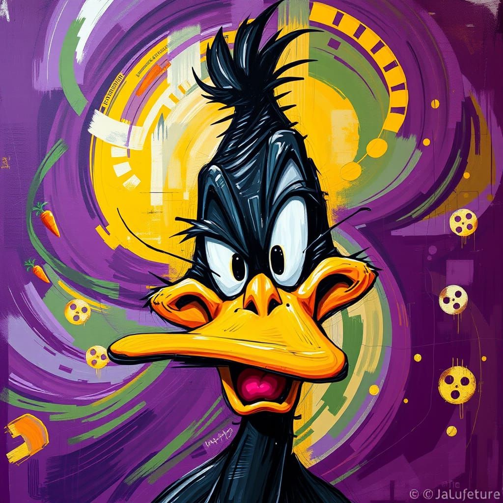 Cubist Daffy Duck Portrait with Dynamic Brushstrokes