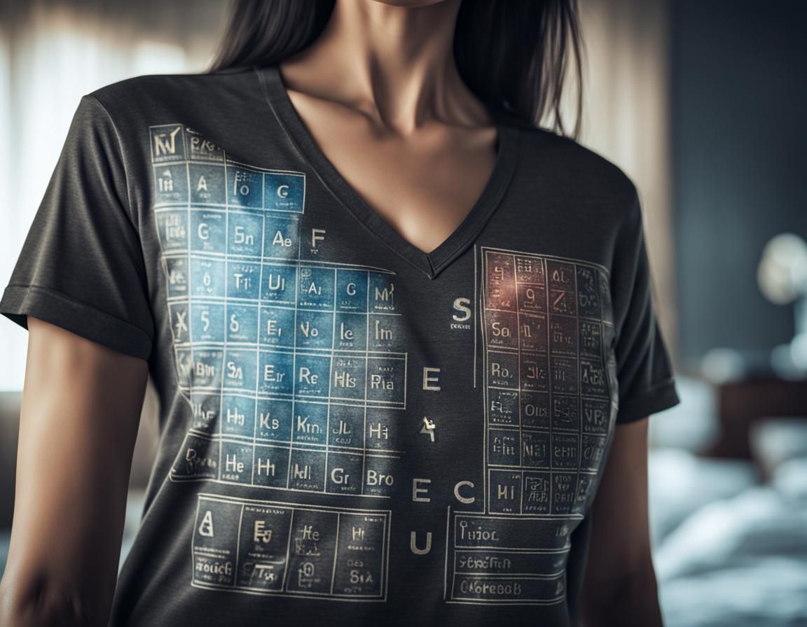 Sensual Woman in Periodic Table Shirt: Hyperrealistic HDR