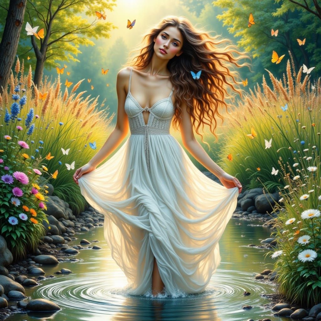 Serene Woman in Stream with Butterflies Art