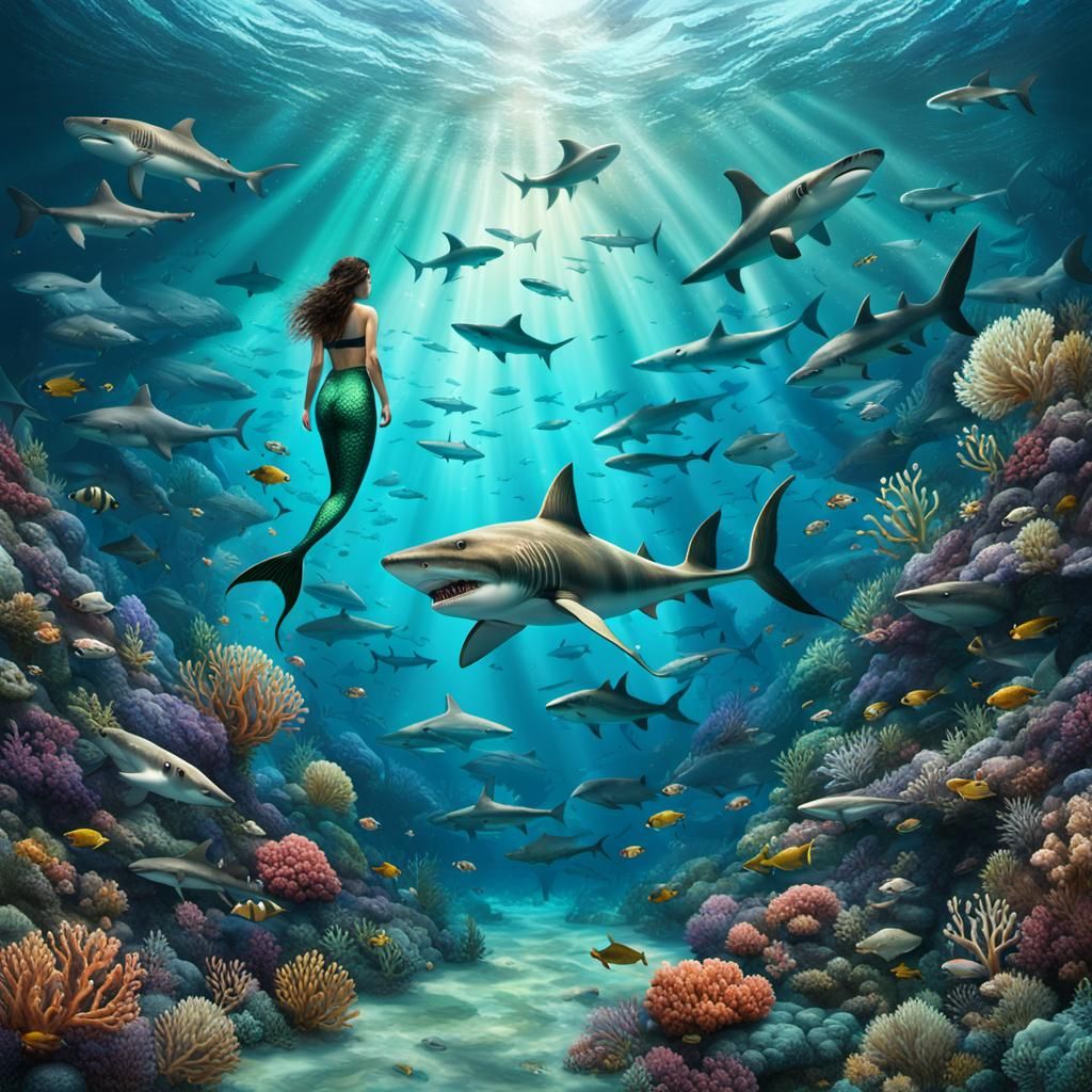 Brunette Mermaid and Sharks in Coral Reef