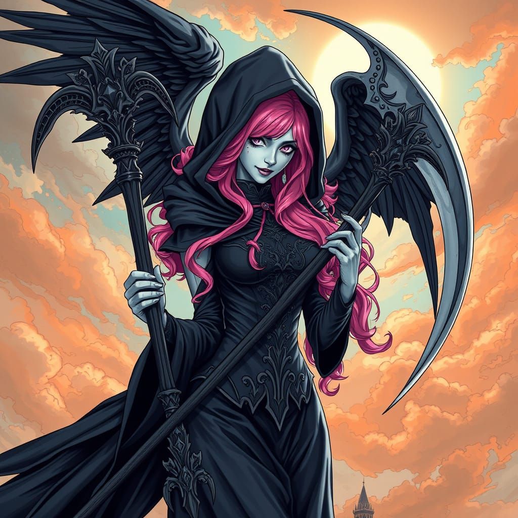Gothic Reaper Escorts Soul to Heaven in Triadic Colors