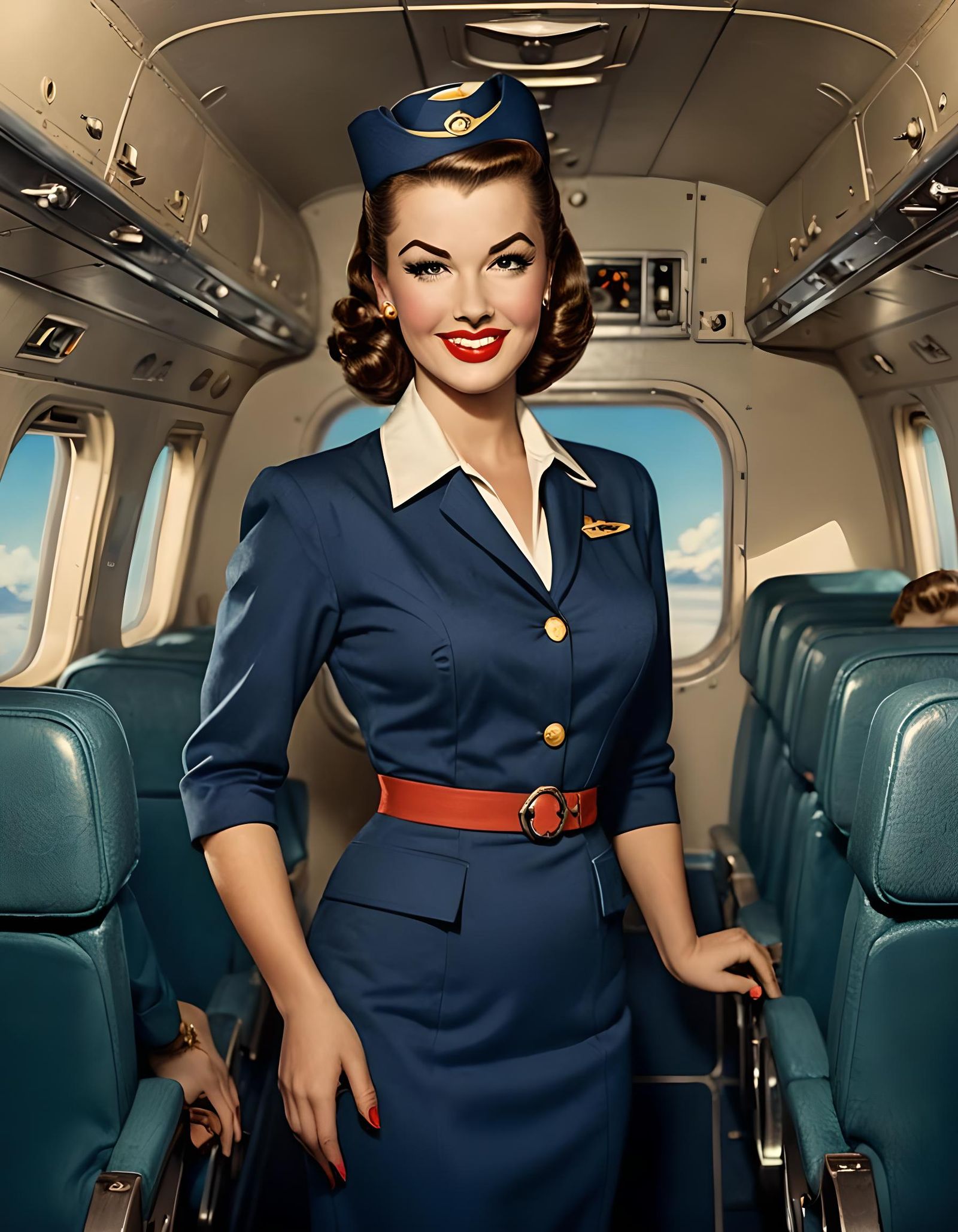 Vintage Flight Attendant Portrait in Pin-Up Style