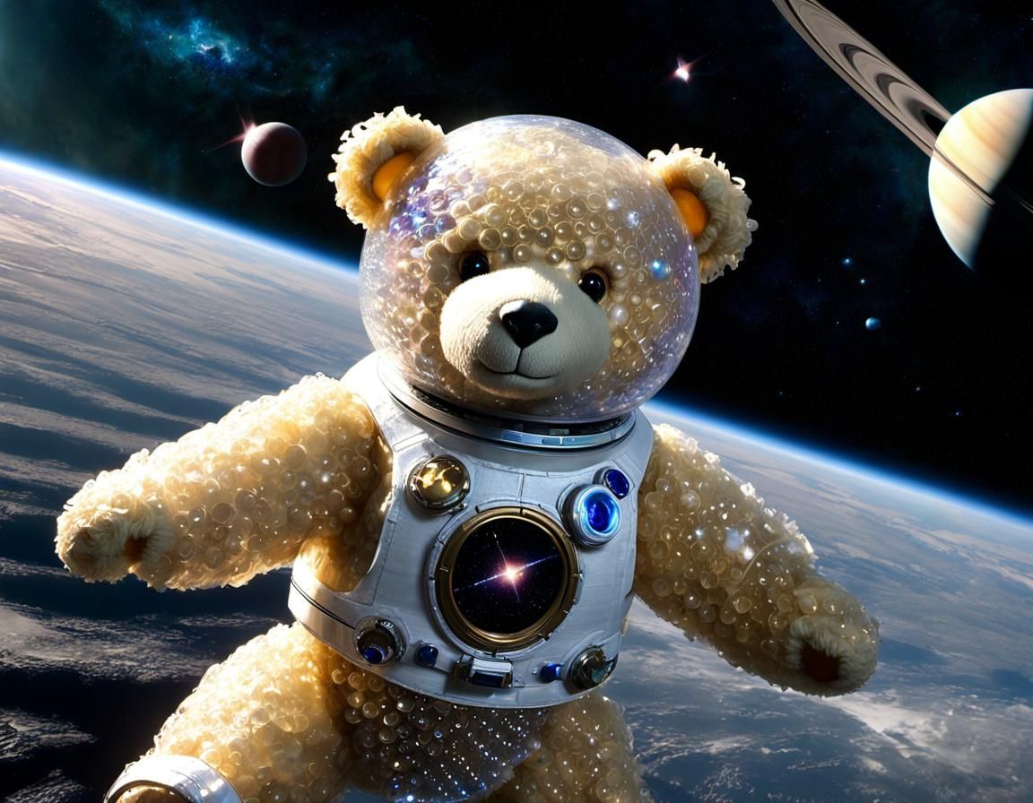 Bubblewrap Teddy Bears Orbiting Saturn in Cyberpunk Style