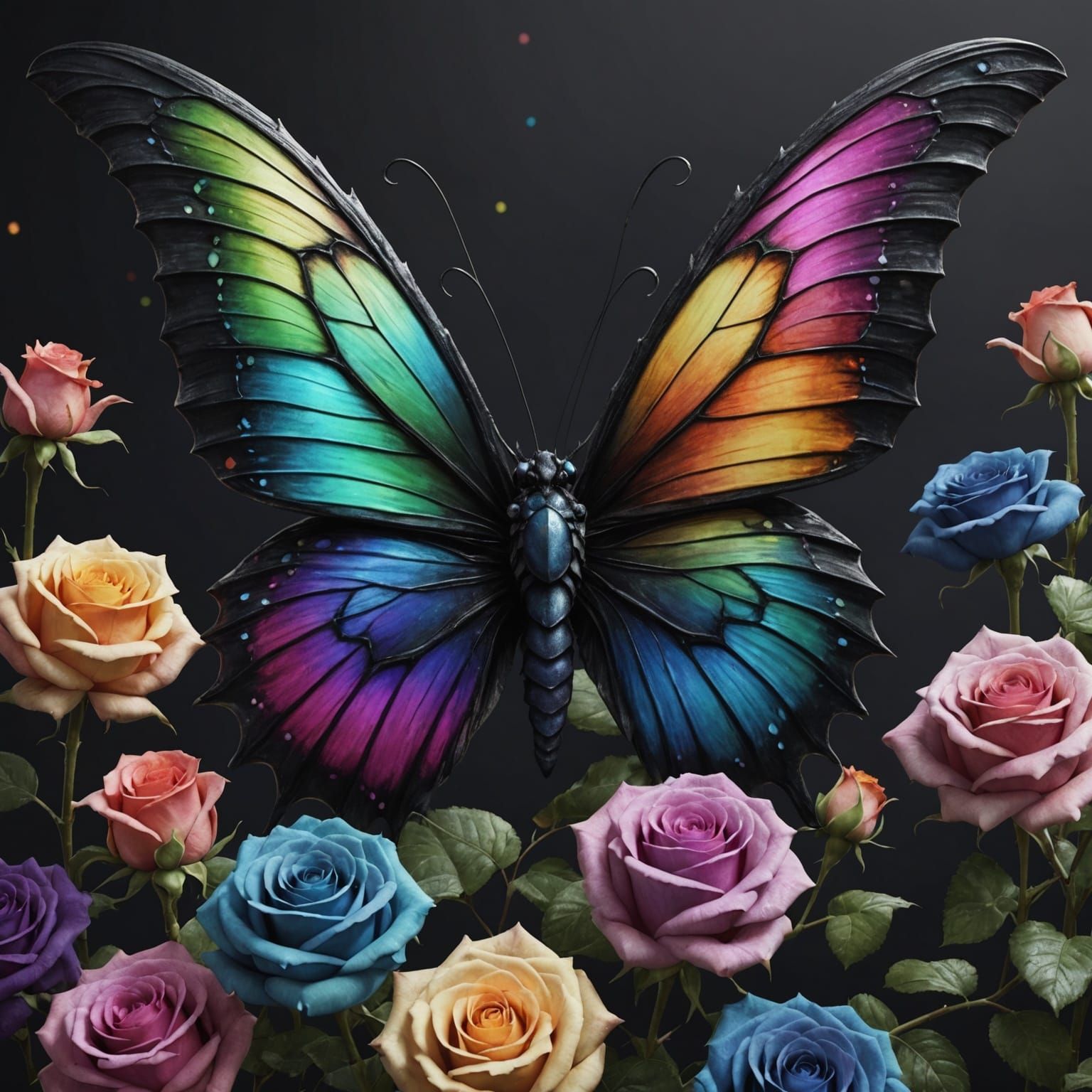Pastel Rainbow Butterfly Dragon on Black Roses