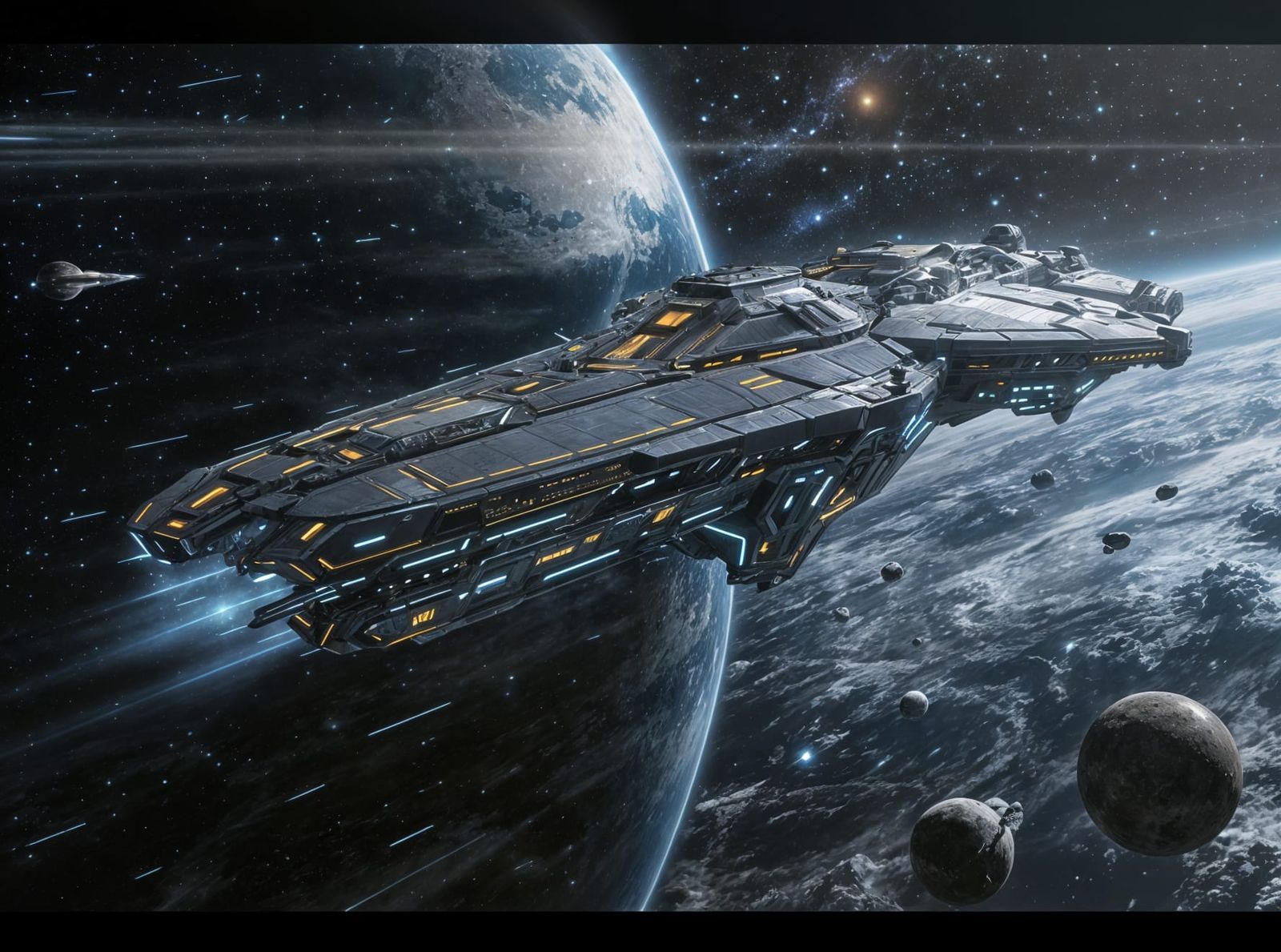 Majestic Starship in Orbit Around Gas Giant Planet