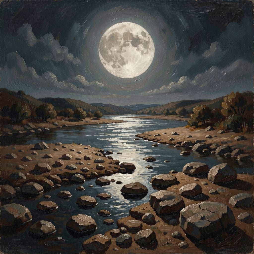 Moonlit Riverbed in Textured Oil Painting Style