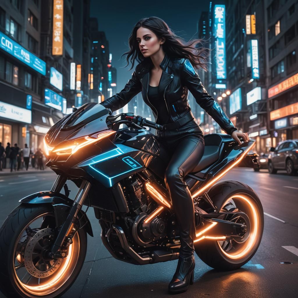 Woman Rides Glowing Motorcycle Through Cyberpunk City