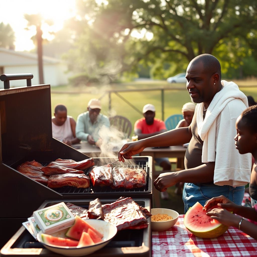 Summer BBQ: Black Man Grilling Ribs