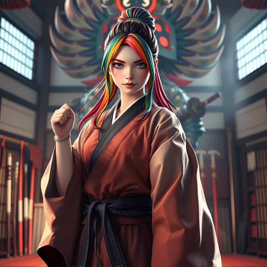 Japanese Woman in Dojo with Kami Warrior, Anime Style