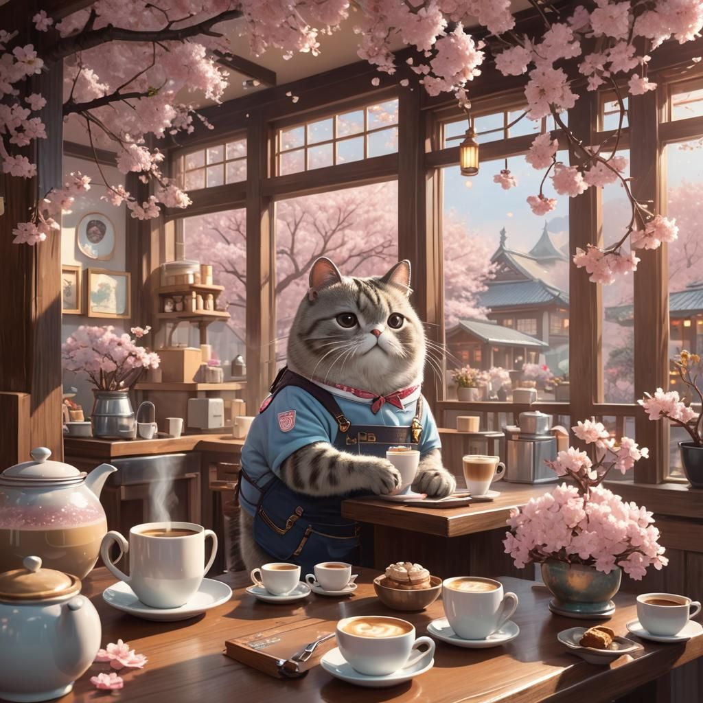 Pusheen as Barista in Japanese Cafe, Fantasy Art