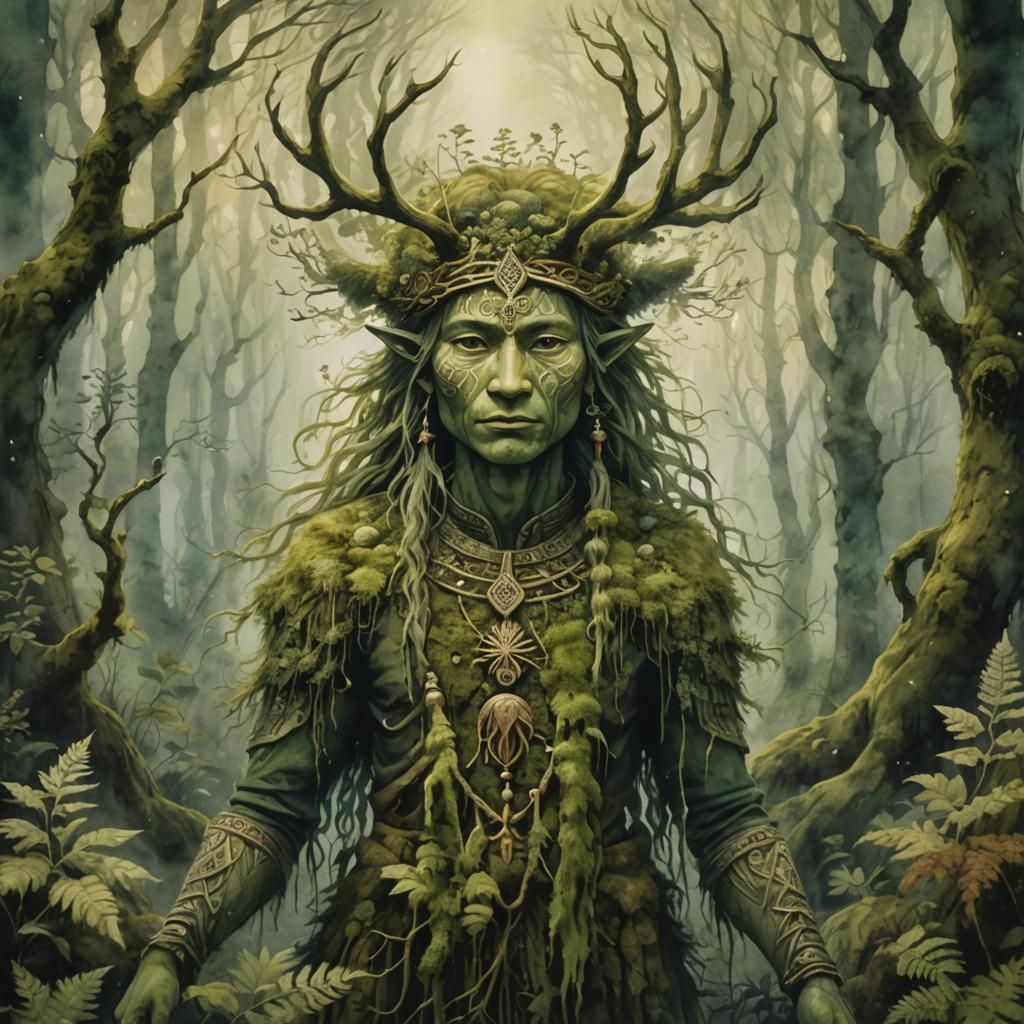 Moss-Covered Spirit in Misty Forest: Watercolor