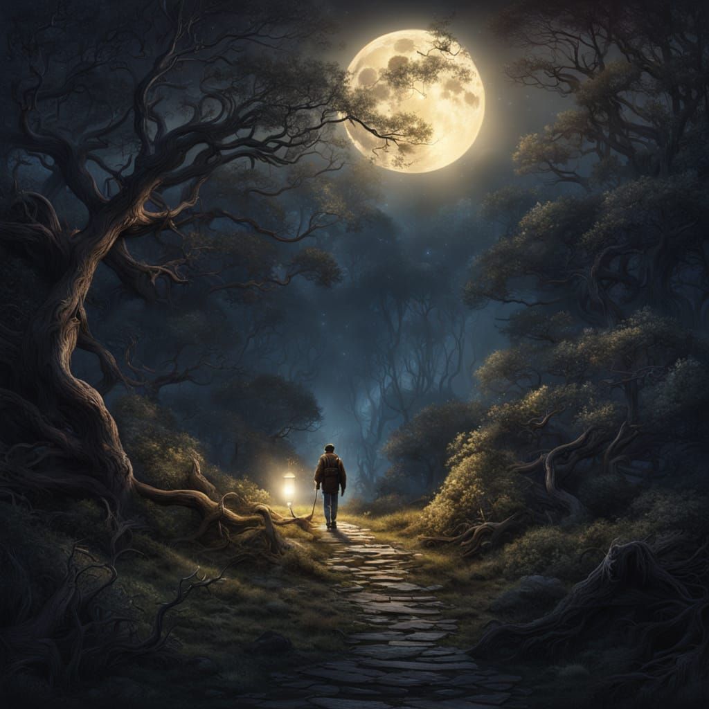 Wizard with Magic Lantern Illuminates Forest Path