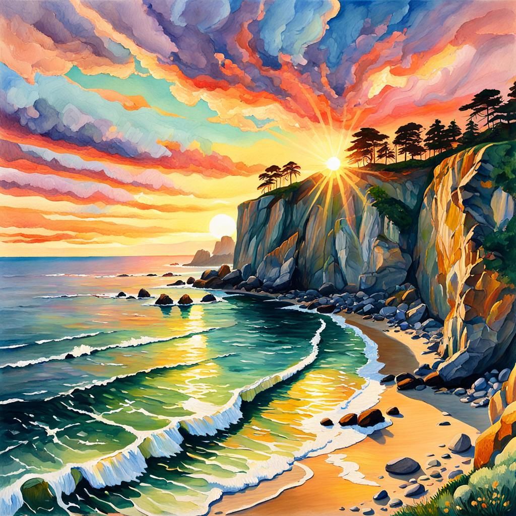 Sunset Pebble Beach: Gouache Impressionist Painting