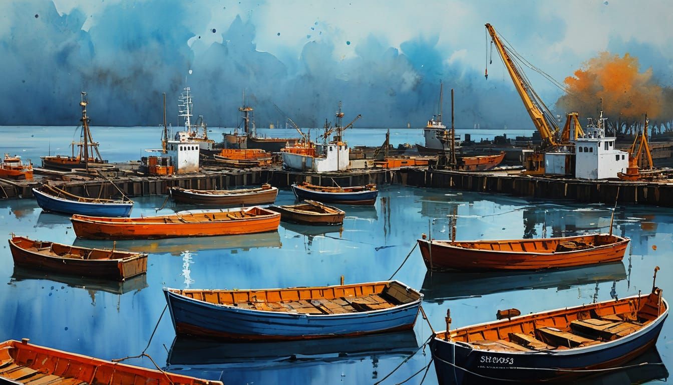 Autumn Harbor Scene as Heavy Impasto Painting