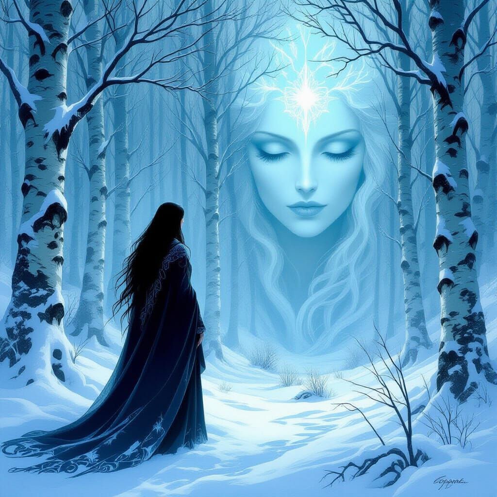 Ethereal Cailleach of the Frozen Forest in Surreal Style