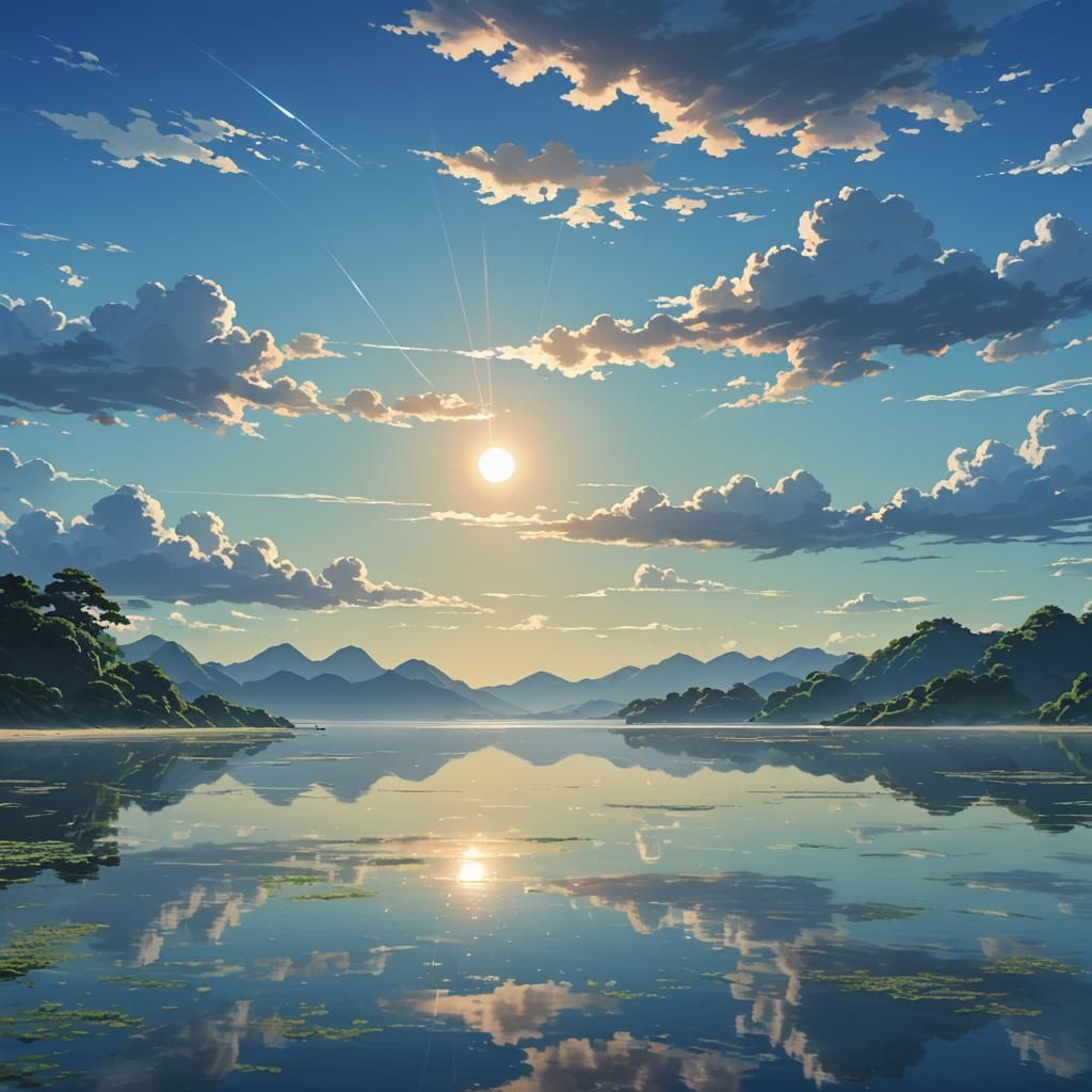 Serene Landscape Reflecting Cloudless Sky in Ghibli Style