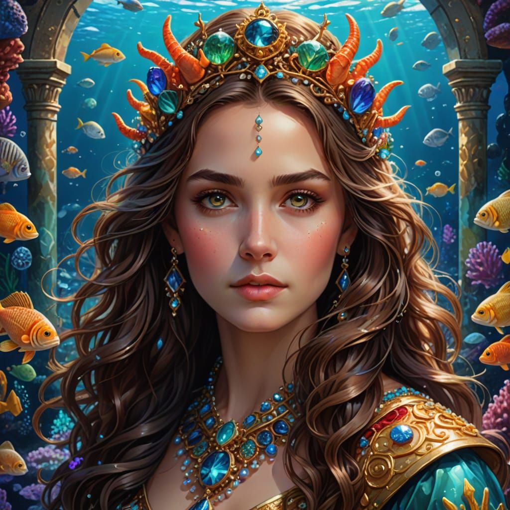 Eurybia Goddess Close Portrait in Jewel-Toned Sea Goddess St...