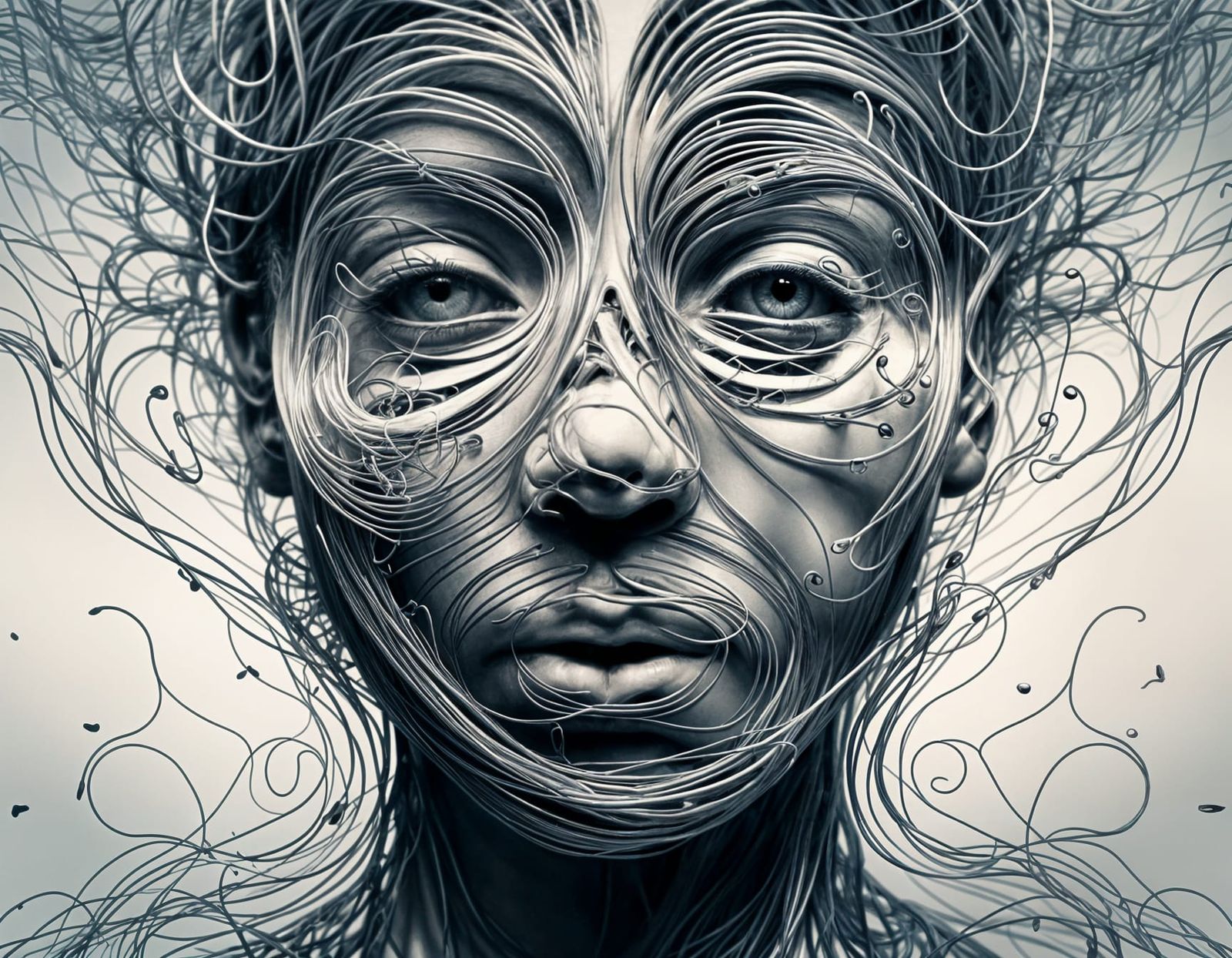Abstract Wireframe Face in Monochrome Illustration