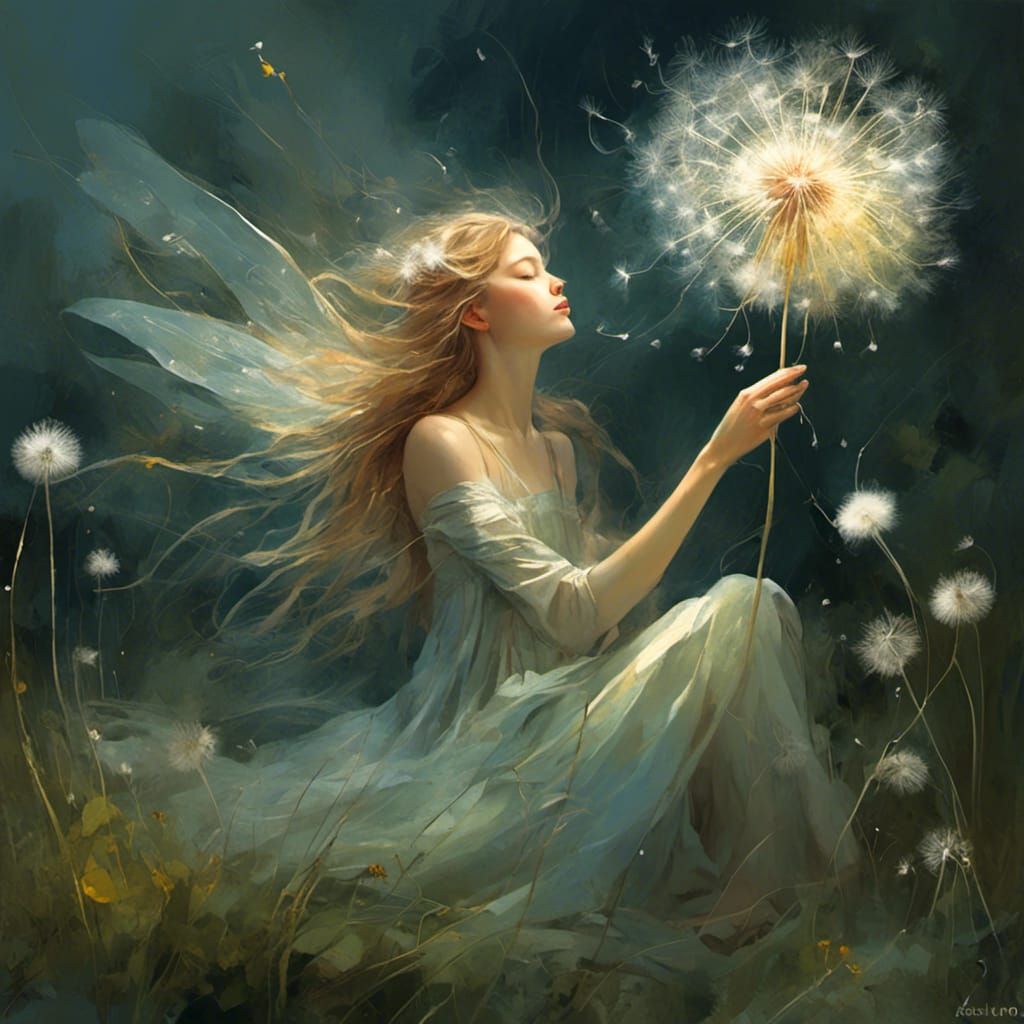 Ethereal Fairy Resting on Dandelion, Digital Painting