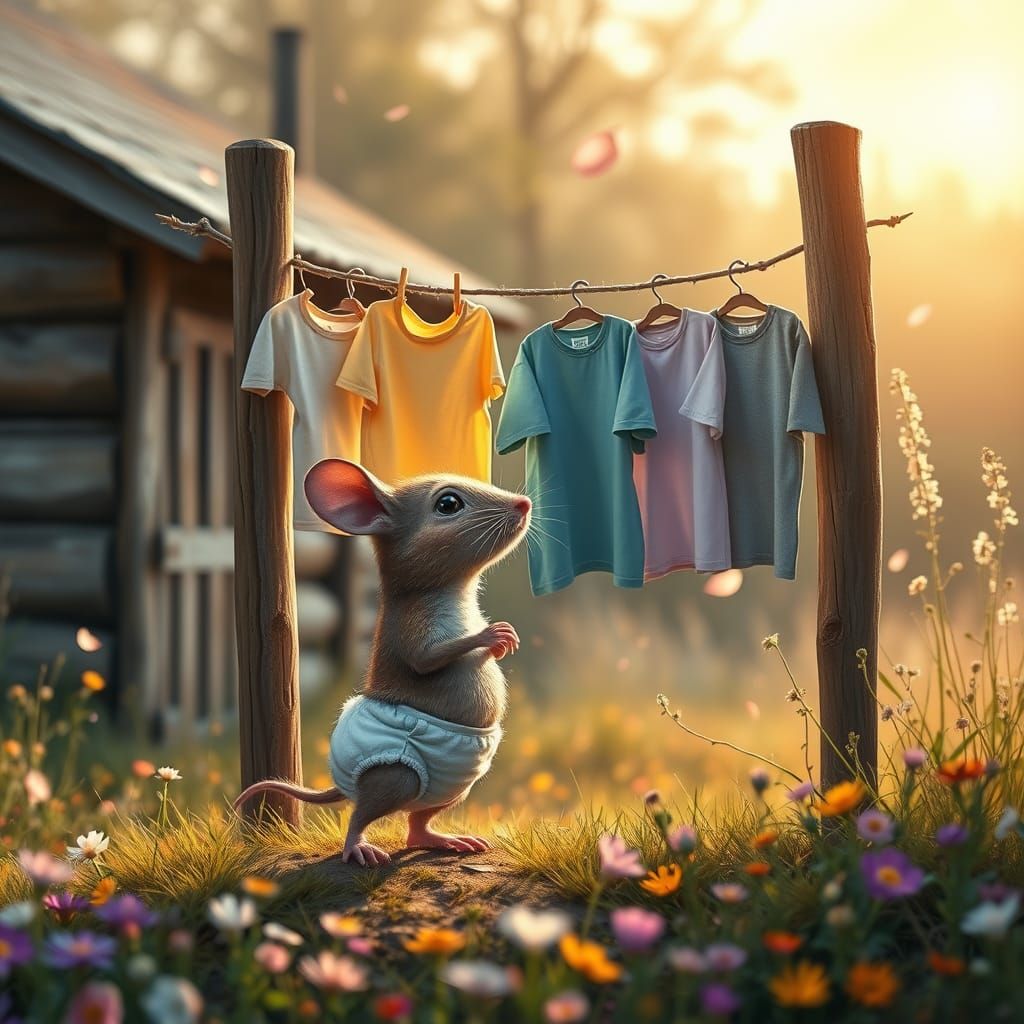 Whimsical Mouse Gazes at Morning Clothesline