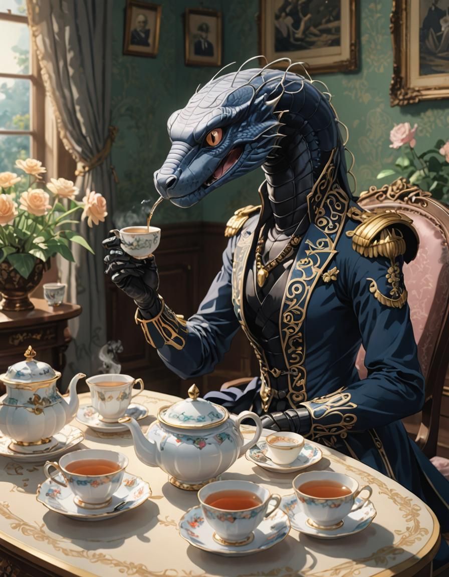 Victorian Cobra Drinking Tea in Anime Style
