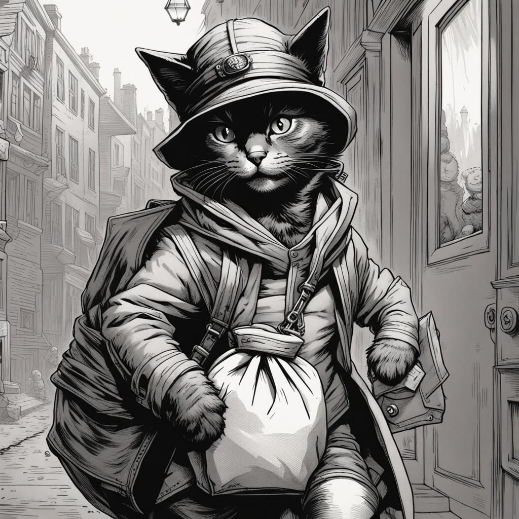 Tabby Kitten Burglar in Style of Tenniel