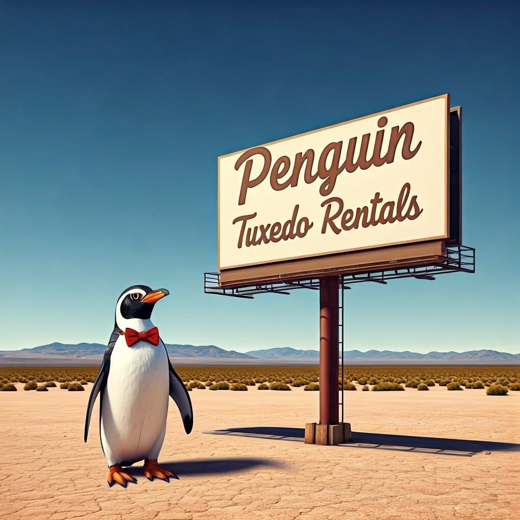Penguin in Tuxedo Struts Desert Sunset