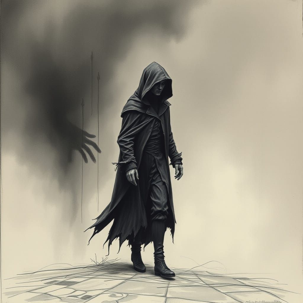 Gothic Cloaked Figure with Shadow in Charcoal Style