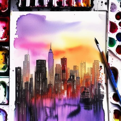 Manhattan Sunset Watercolor Painting