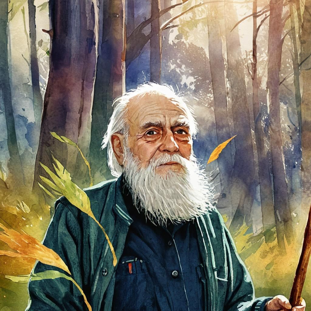 Watercolor Portrait of Elderly Man in Forest