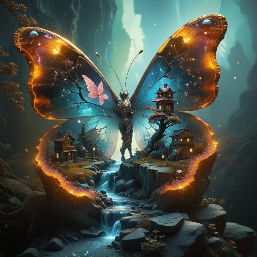 Surreal Dreamscapes within Glowing Crystalline Geode Butterf...