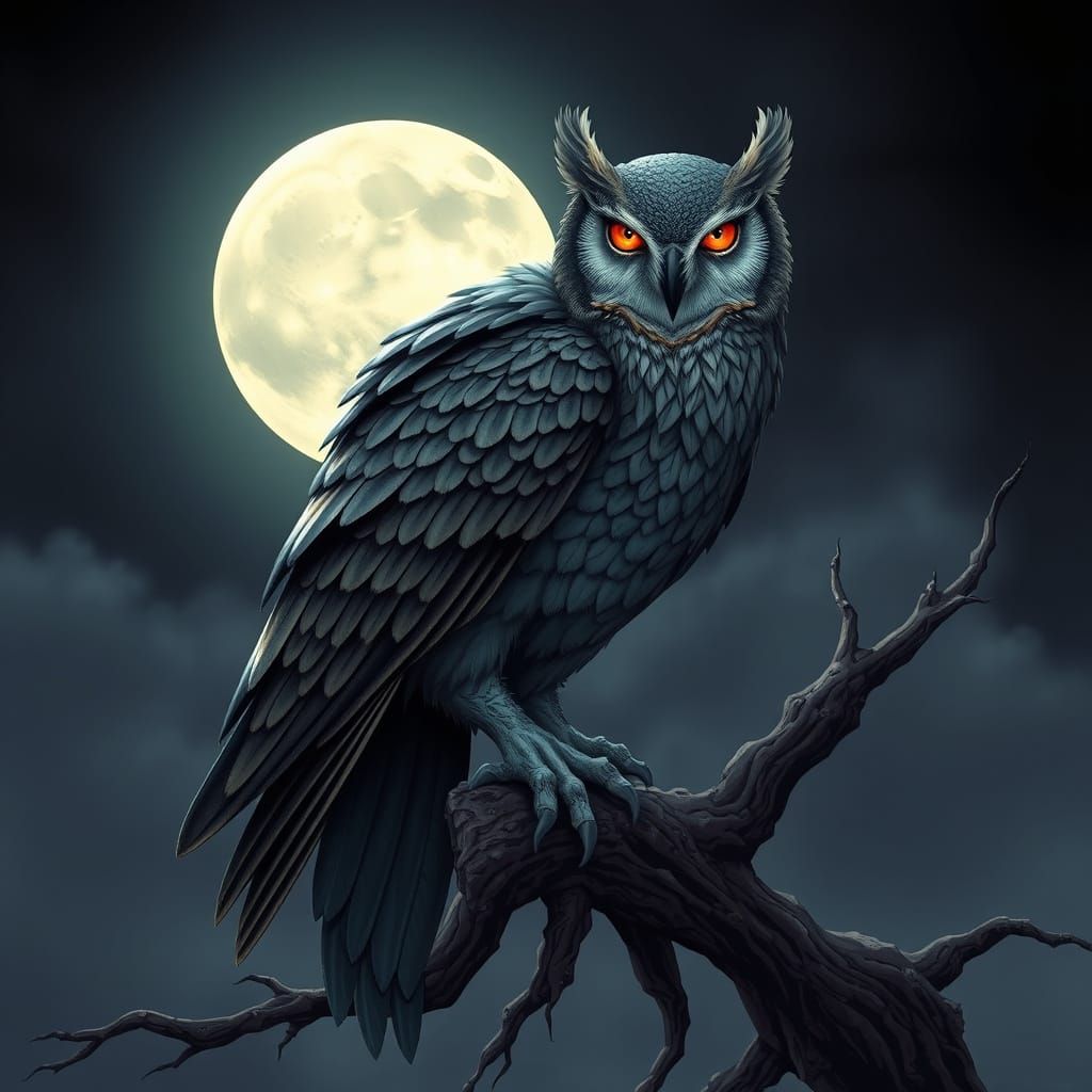 Mythical Owl-Woman Creature Under Full Moon