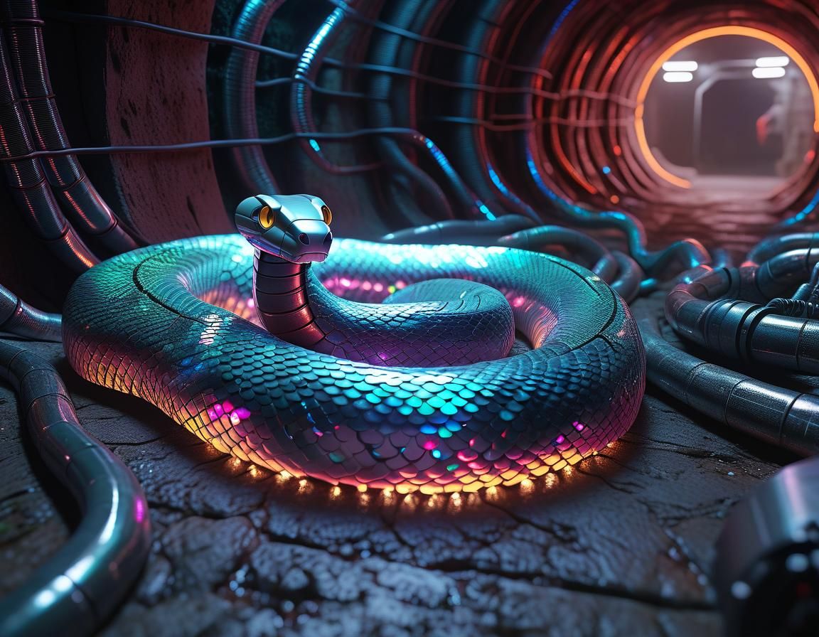 Cyberpunk Robotic Snake in Subterranean Utility Tunnel
