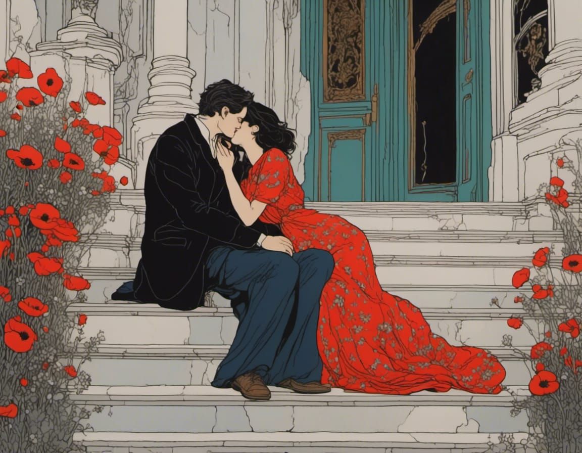 Romantic Embrace in Palekh Miniature Style