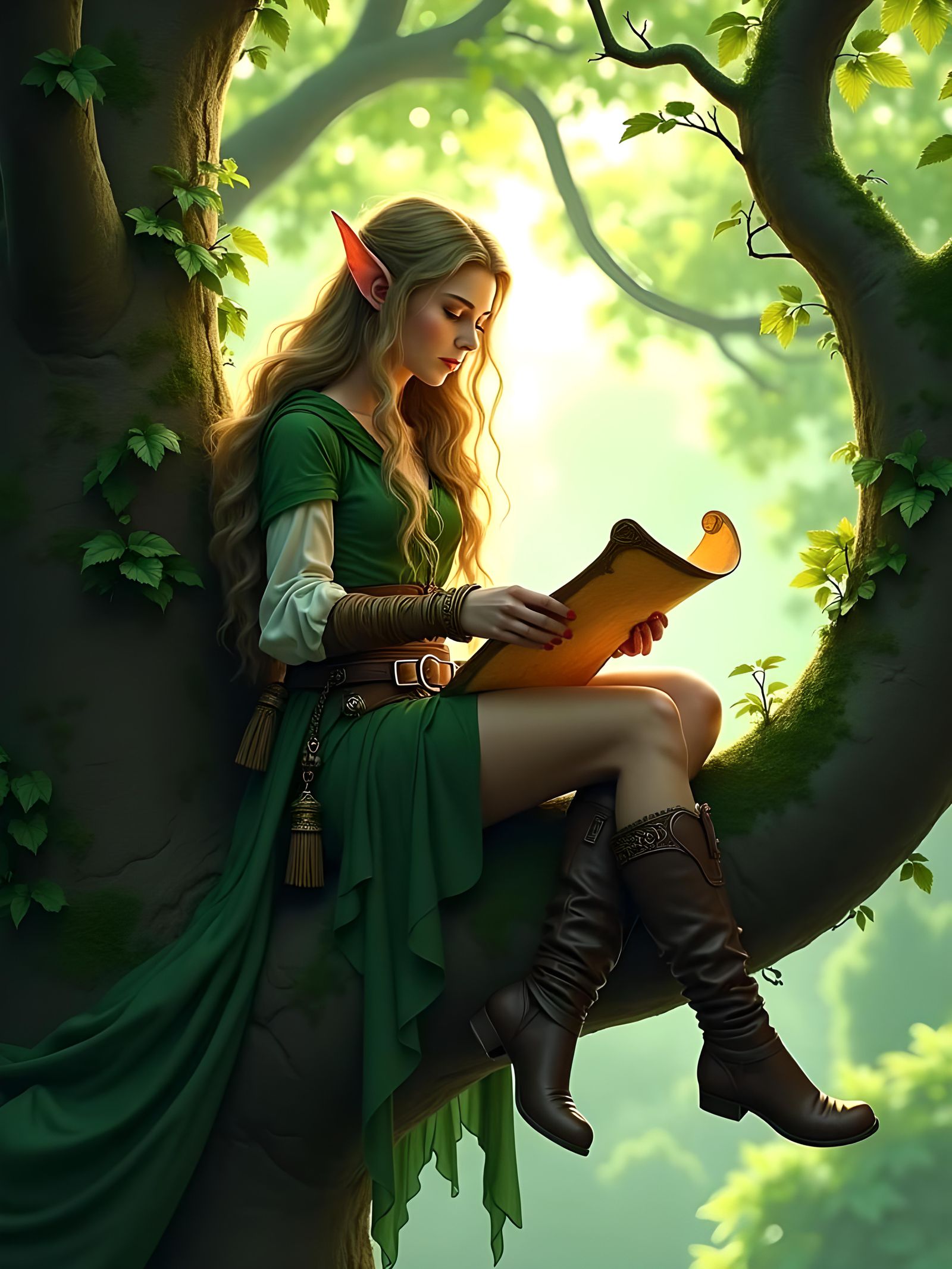 Wood elf reading in a tree