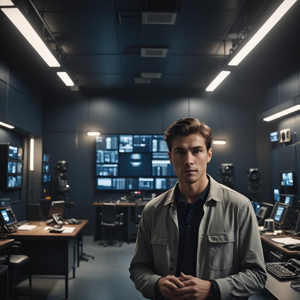 Young Man in Surveillance Room with Cinematic Lighting
