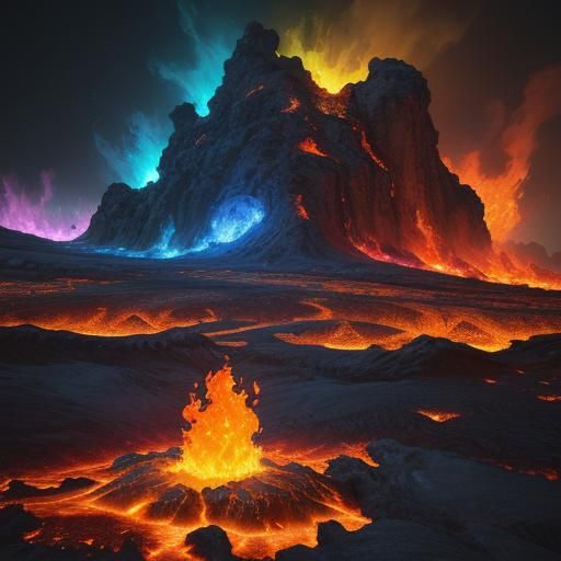 Elemental Fire Beings Embrace in Volcanic Landscape