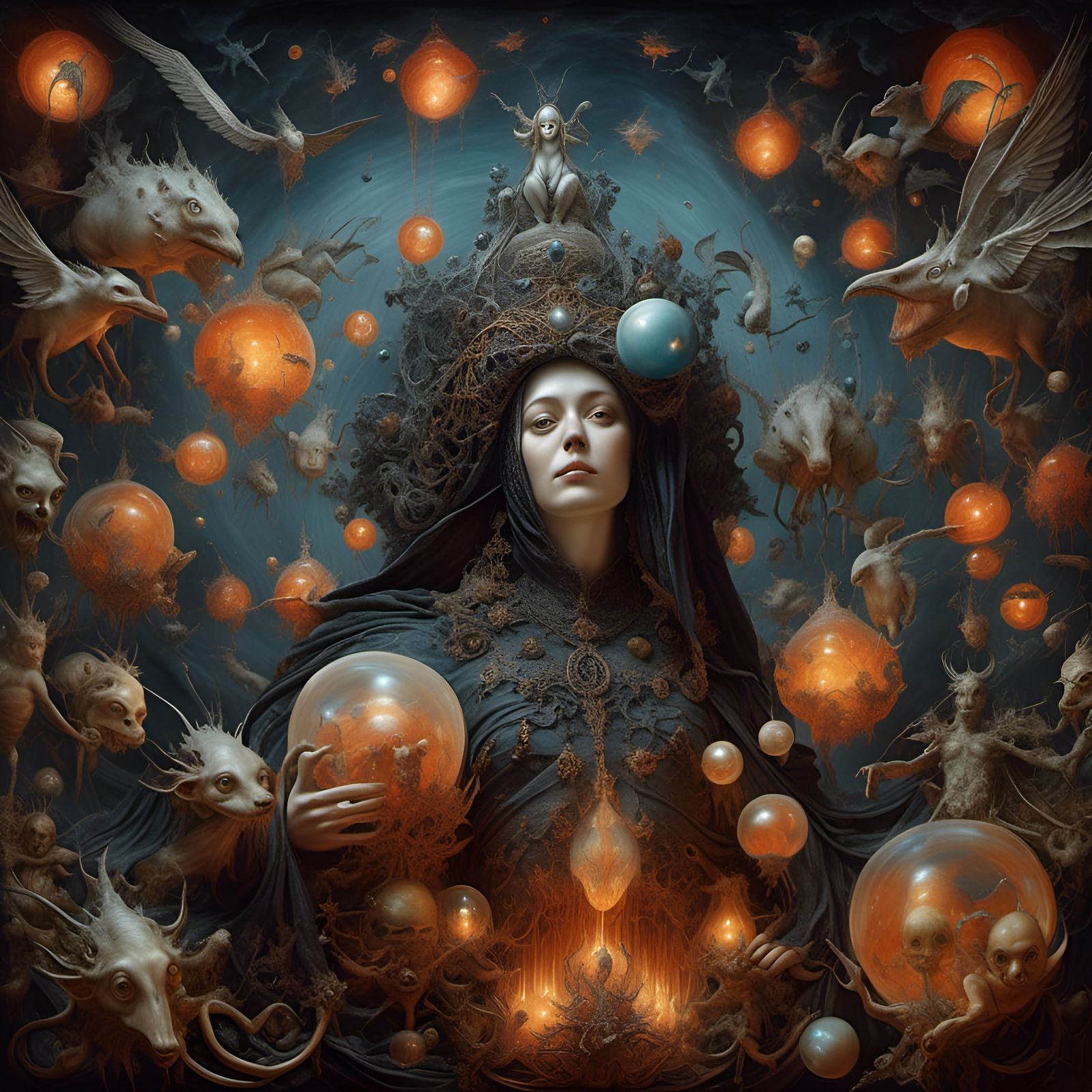 Surreal Woman with Cryptid Cherubs in Hyperrealistic Oil Pai...