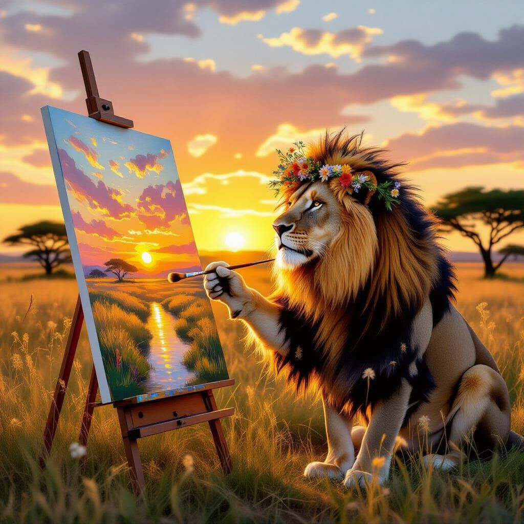 Lion Artist Paints Sunrise in Wildflower Crown, Impressionis...