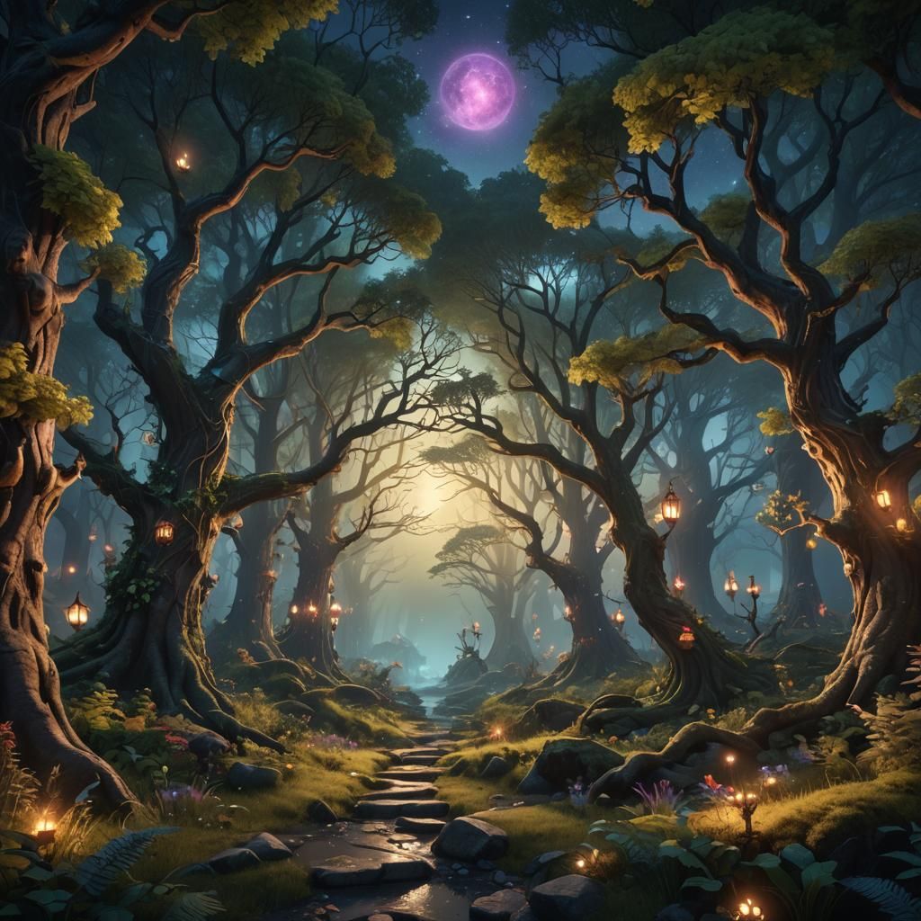 Magical Forest Night: Fantasy Concept Art