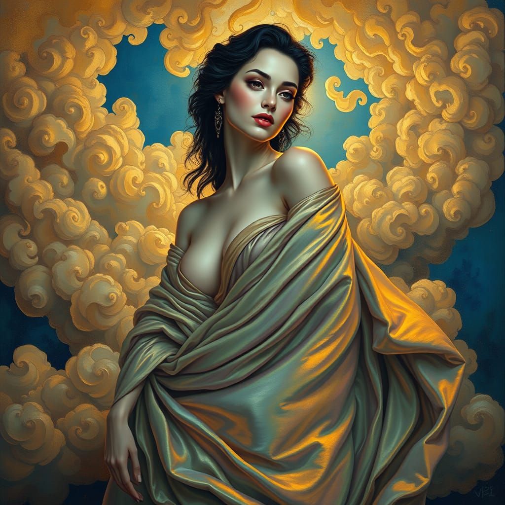 Regal Dream Goddess in Vibrant, Swirling Clouds