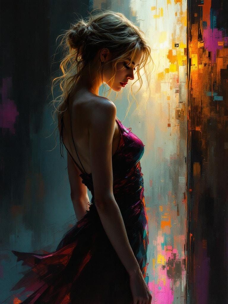 Blonde Woman in Rainbow Dress: Film Noir Art