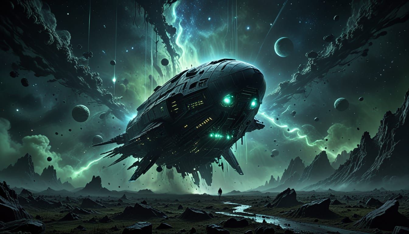 Colossal spaceship glides silently through the void