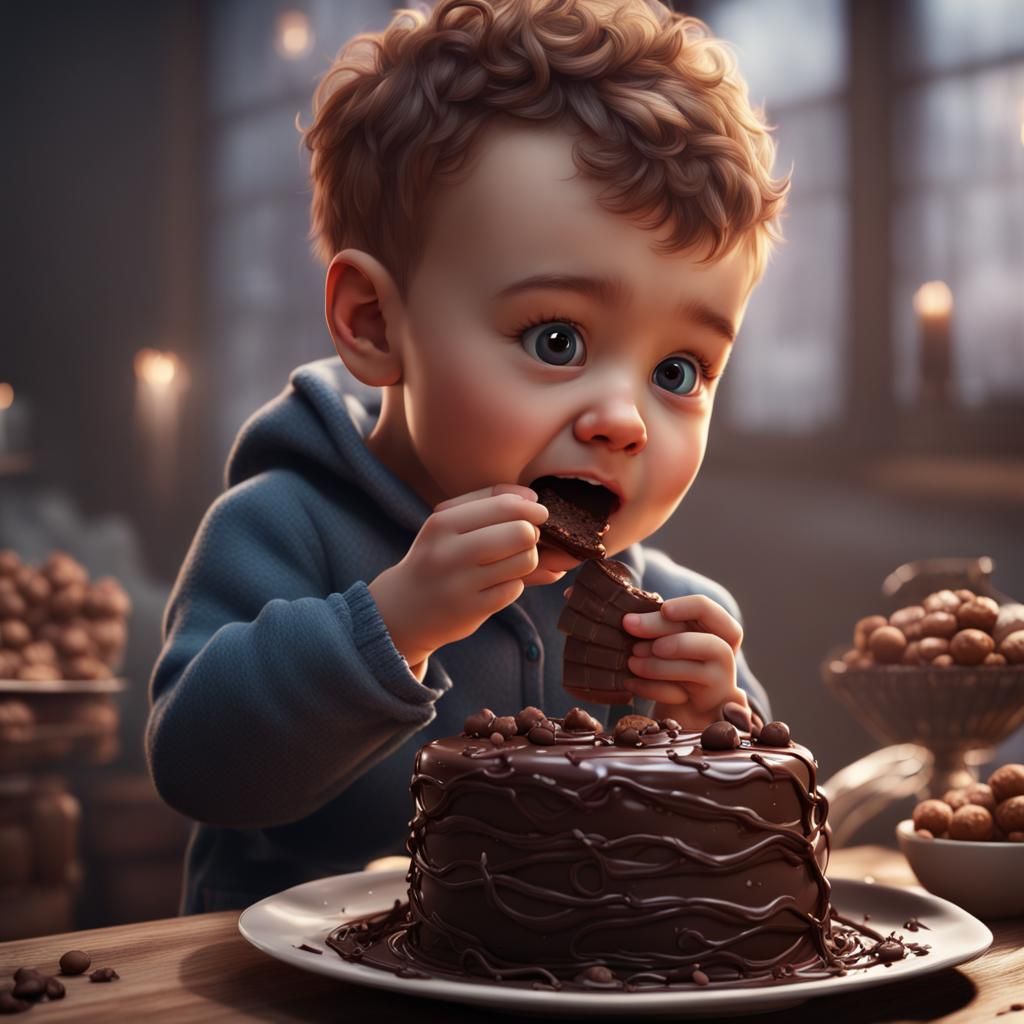 Cute Baby Boy Enjoys Chocolate Cake