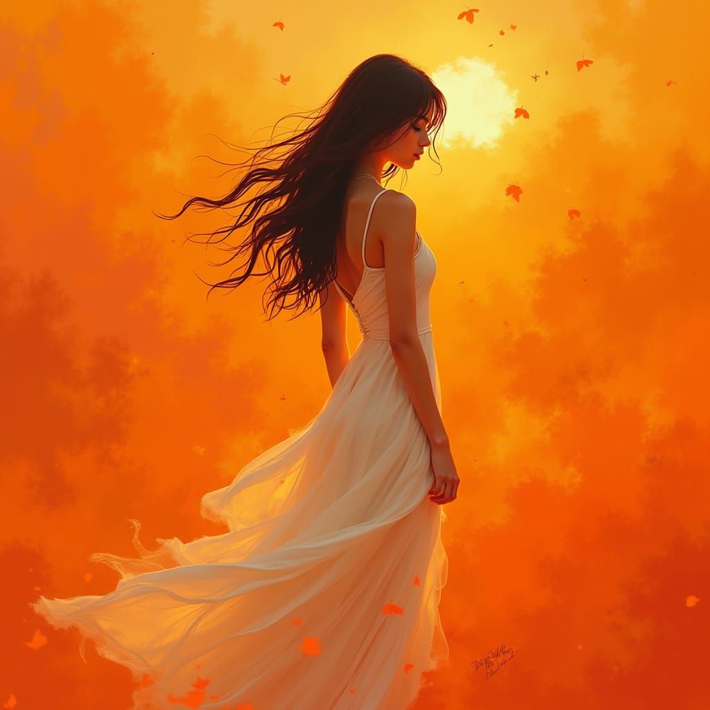 Contemplative Woman in Orange Hues, Art Styles