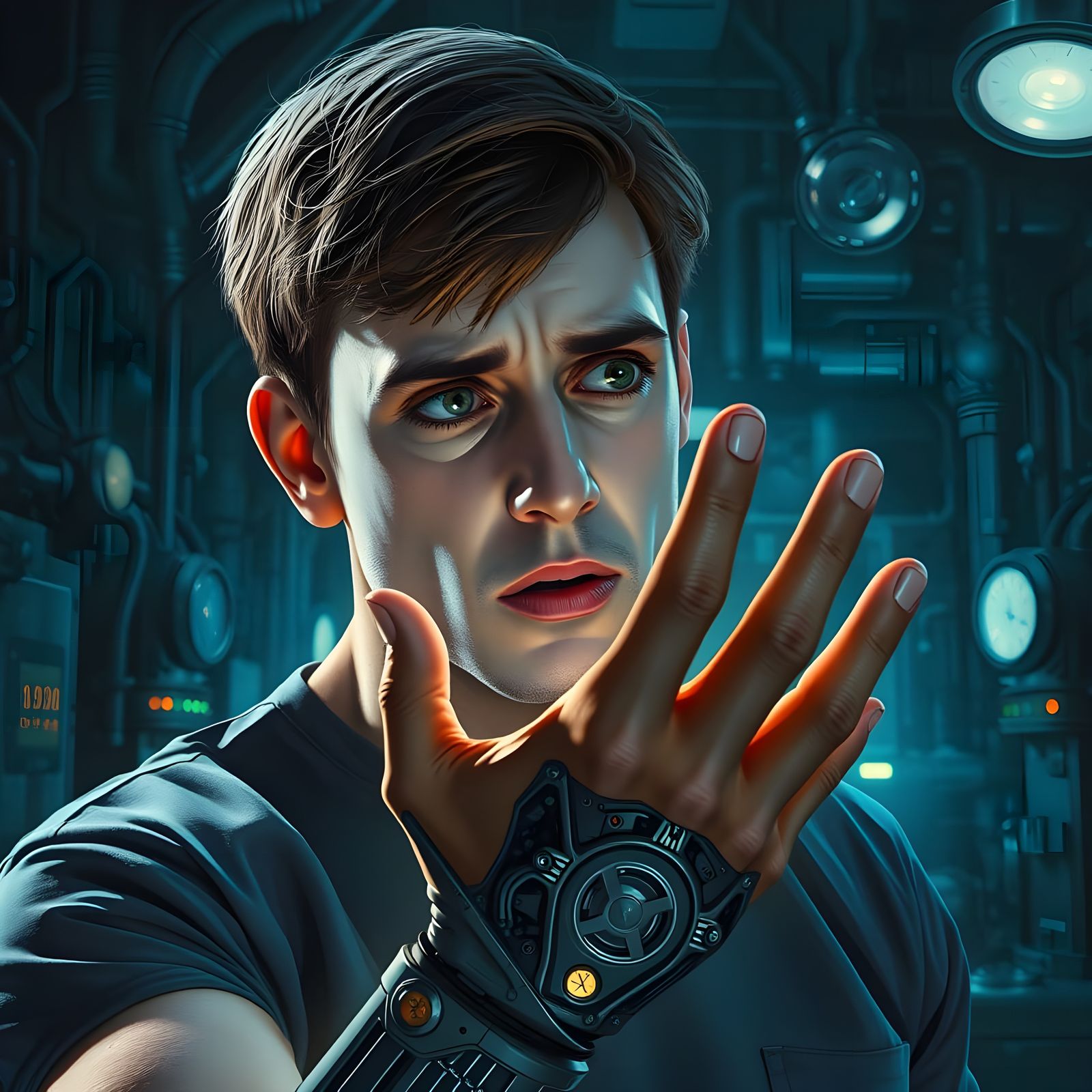 Bewildered Man Discovers Cybernetic Hand in Futuristic Lab