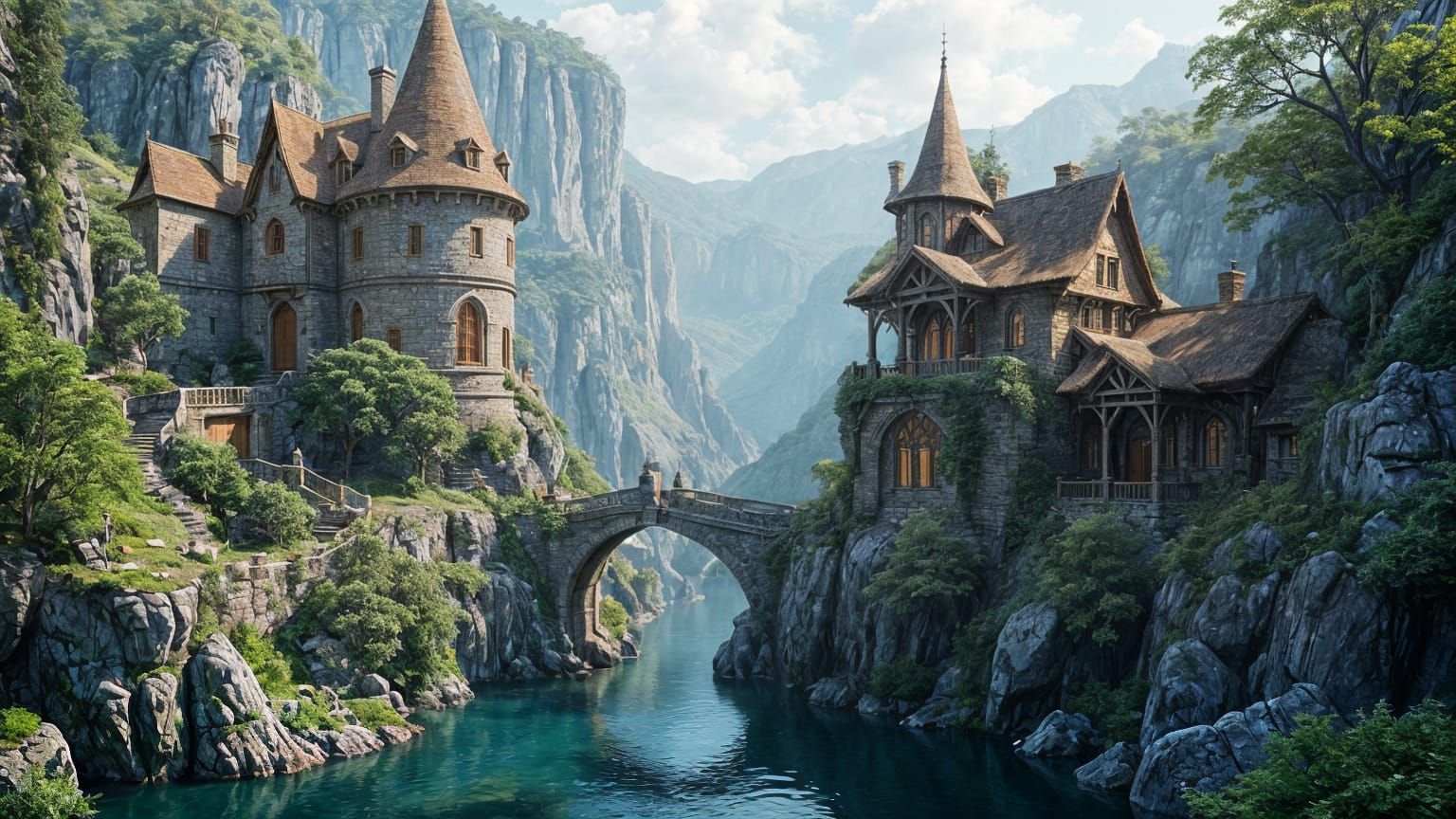 Elven Cottages Connected by Bridge: Fantasy Art